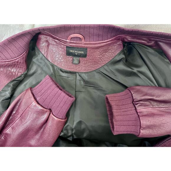 RARE TRUE RELIGION Lamb Leather Bomber Jacket Burgundy Maroon Men's Size 3XL - Picture 4 of 9